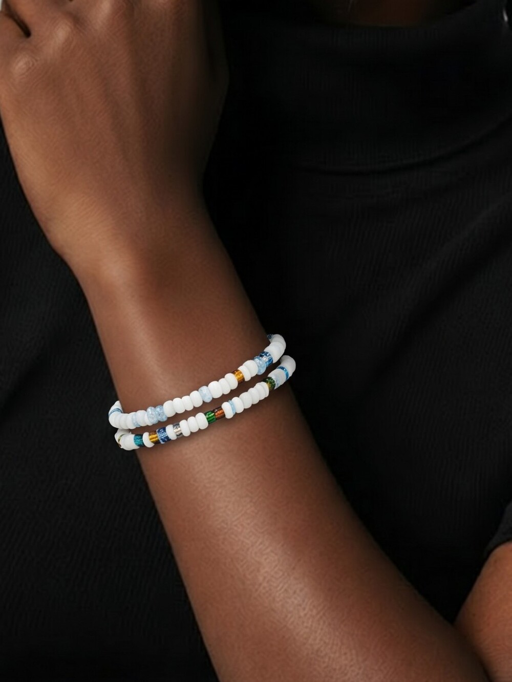 Beachy White Seed Bead Bracelet Set Blue Aqua Gold Stackable Coastal Chic Layers